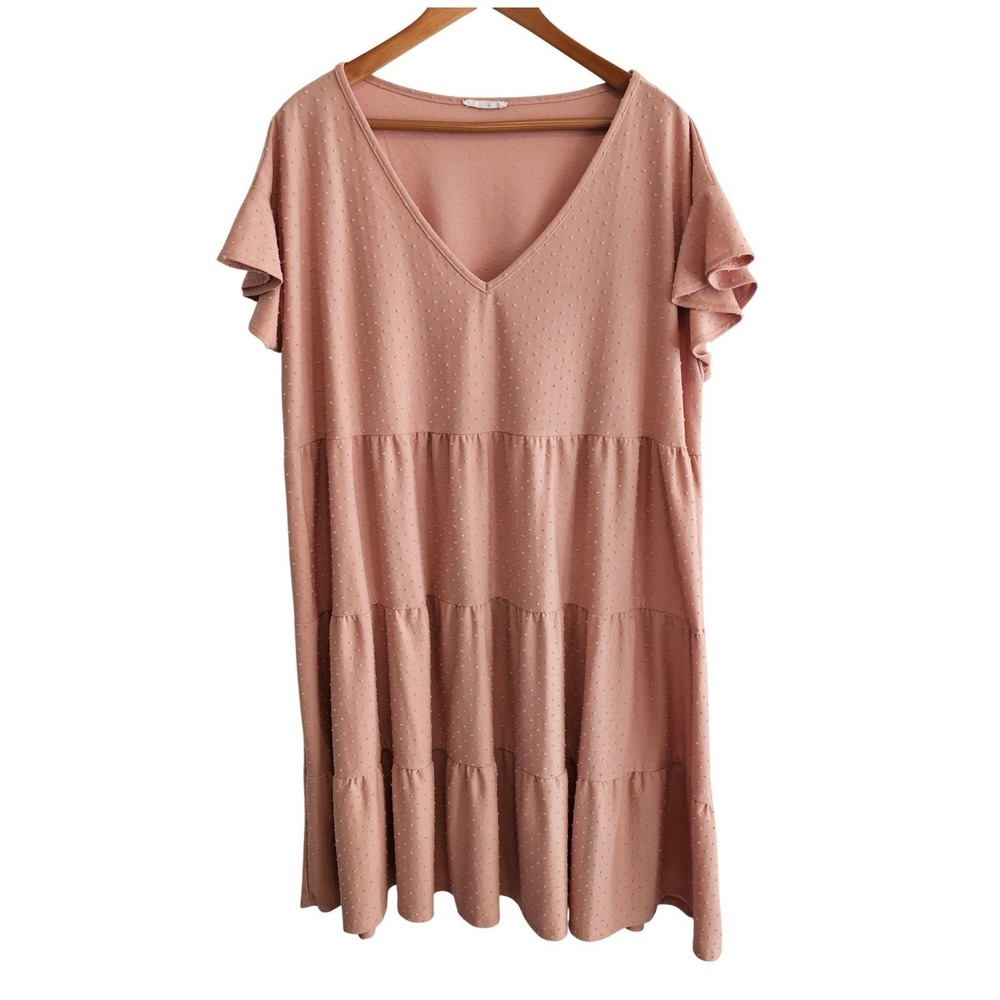 Chic Soul 3X Pink Swiss Dot Tiered Ruffle Sleeve V Neck Midi Dress Made‎ in USA
